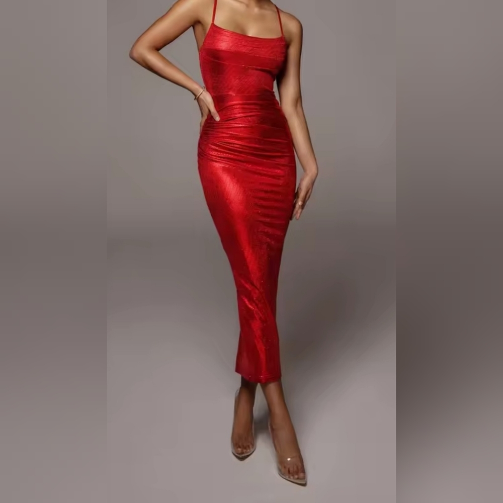 Sexy Red Ruched Back Split Bodycon-L